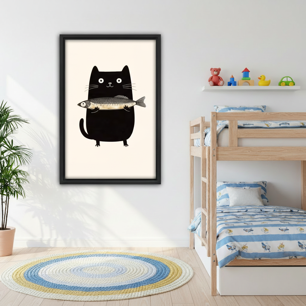 Cute black cat holding a fish framed wall art print hung in a children's bedroom with bunk beds, fun and playful minimalist illustration