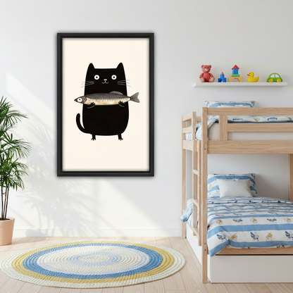 Cute black cat holding a fish framed wall art print hung in a children's bedroom with bunk beds, fun and playful minimalist illustration