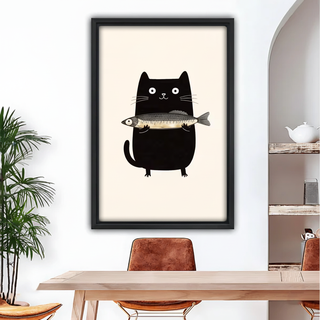Black framed canvas print featuring a chubby black cat clutching a whole fish, minimalist doodle style, hung in a bright dining room setting