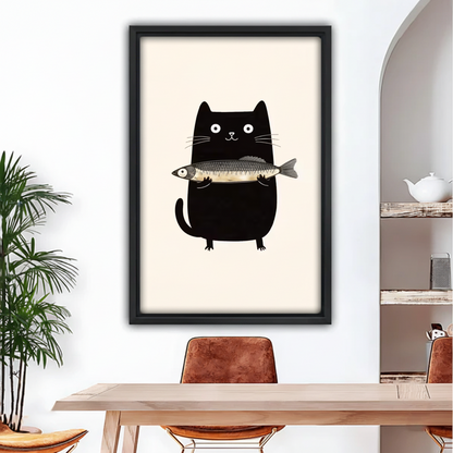 Black framed canvas print featuring a chubby black cat clutching a whole fish, minimalist doodle style, hung in a bright dining room setting