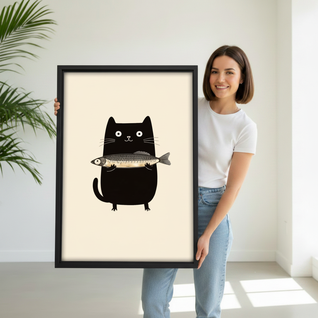  Woman holding a large black framed canvas print of a round black cat with a fish, showing print size and framing quality