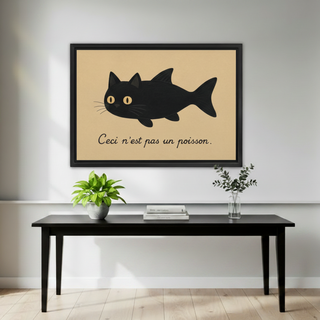 Minimalist entryway styled with a framed black cat fish art print above a sleek black console table, warm beige background with French surrealist text