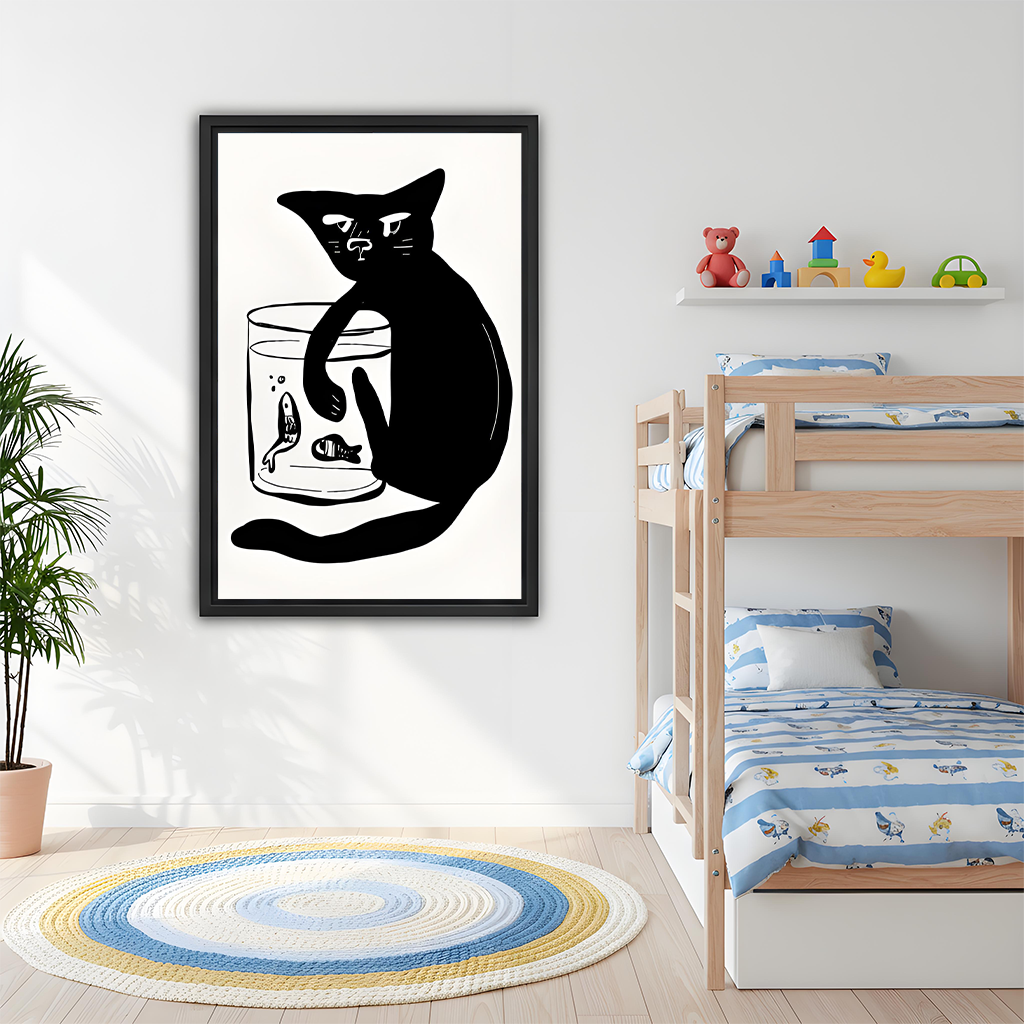 Monochrome black cat and fishbowl canvas wall art in a black frame beside wooden bunk beds.