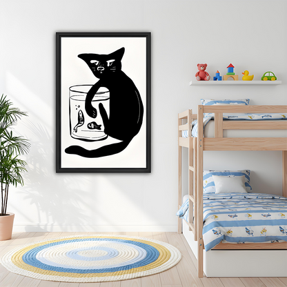 Monochrome black cat and fishbowl canvas wall art in a black frame beside wooden bunk beds.