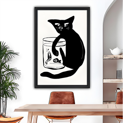 Woman holding black-framed black cat and fishbowl canvas wall art, featuring a bold monochrome cat beside two fish.