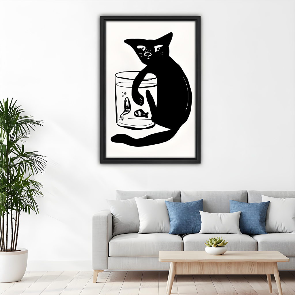 Gallery-wrap black cat and fishbowl canvas wall art above a dining table, showing a cat reaching toward two fish.