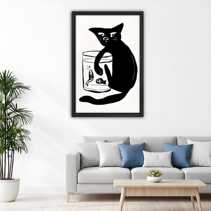 Gallery-wrap black cat and fishbowl canvas wall art above a dining table, showing a cat reaching toward two fish.