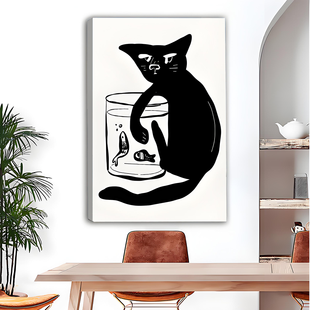 Minimalist black cat and fishbowl canvas wall art in a black frame displayed above a dining table.