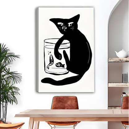 Minimalist black cat and fishbowl canvas wall art in a black frame displayed above a dining table.