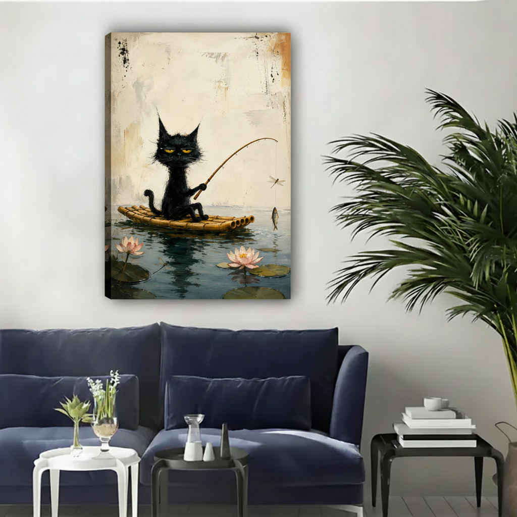 Black cat on bamboo raft fishing among pink lotus flowers unframed gallery wrap canvas art above navy sofa