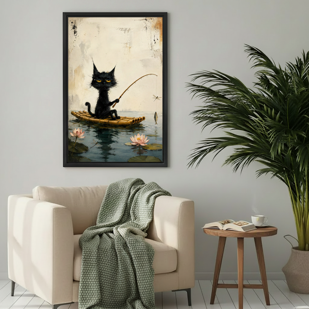 Black cat fishing lotus pond canvas wall art framed print as charming eclectic bedroom wall decor
