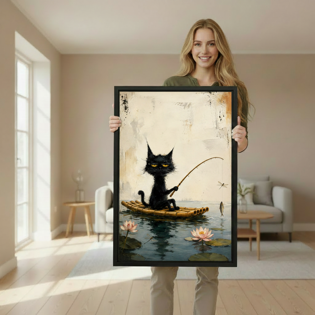 Woman holding large whimsical black cat fishing lotus pond framed canvas wall art print in bright living room