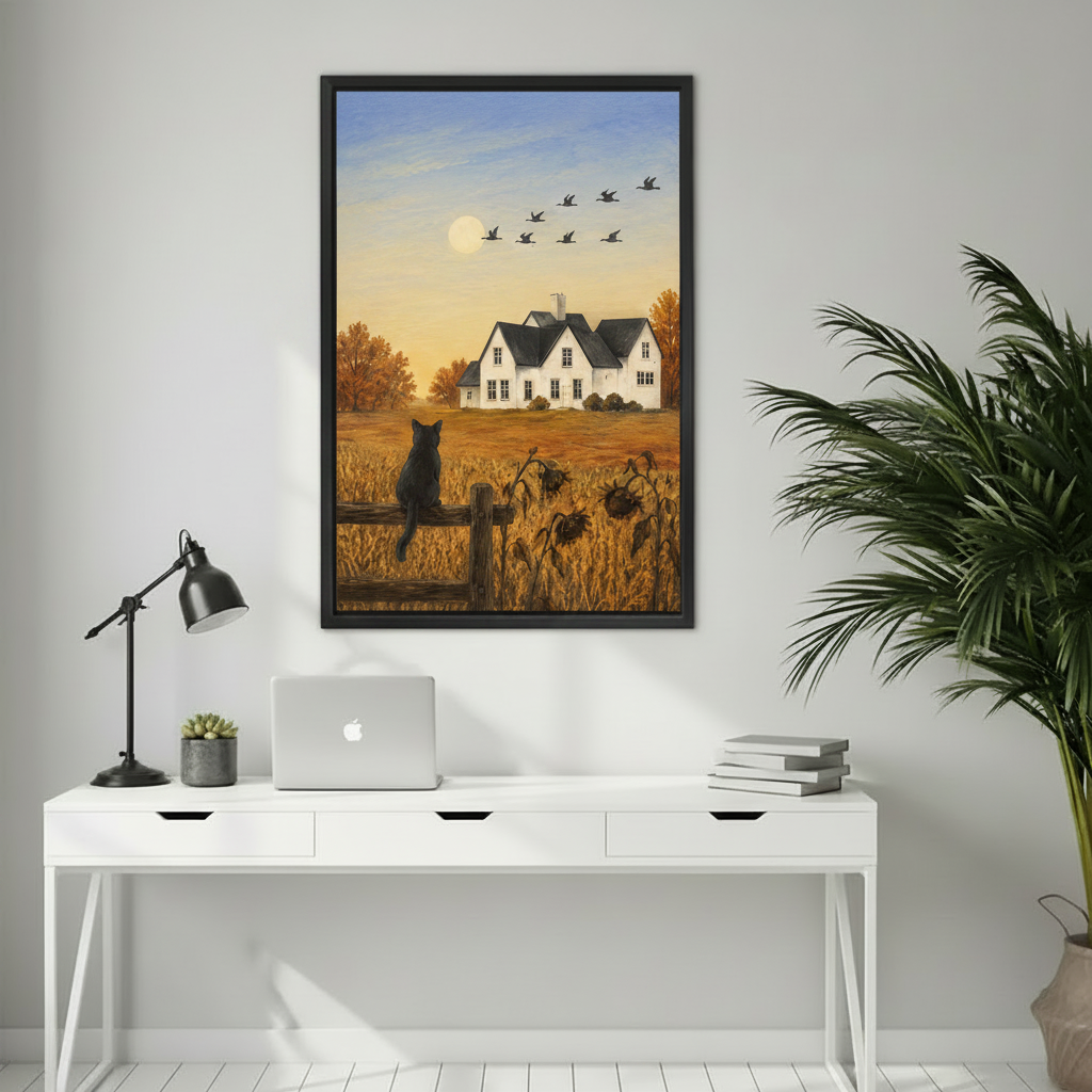 Folk art black cat autumn farm canvas print in black frame above beige armchair in cozy living room