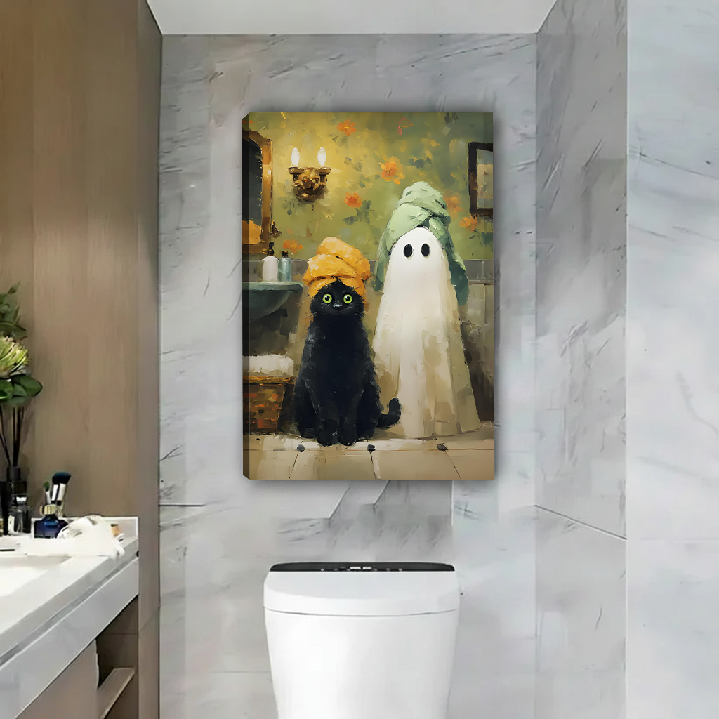Black cat ghost Halloween canvas wall art displayed above a bathroom toilet in a modern tiled room