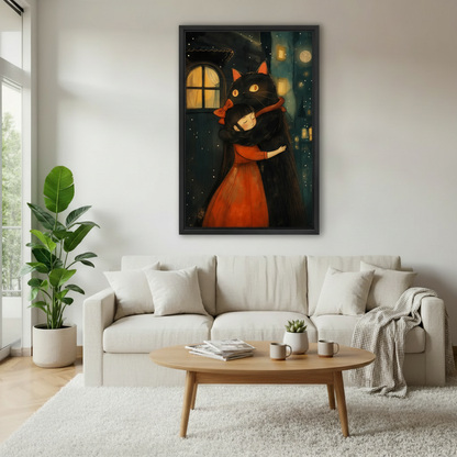 Fantasy black cat girl canvas wall art displayed in modern living room – whimsical night scene home decor