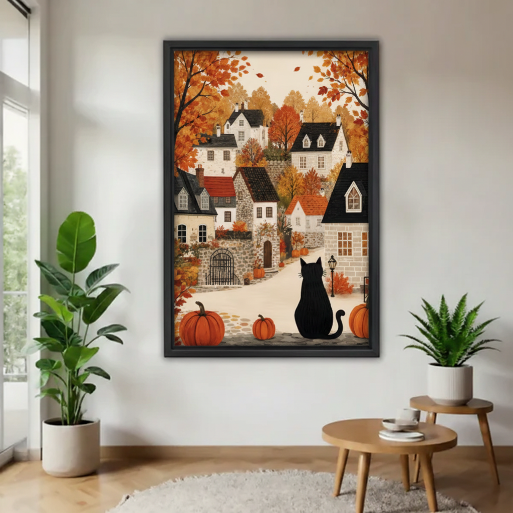 Folk art style black cat sitting before a charming autumn village with pumpkins orange maple trees and stone houses framed canvas on white wall between two green plants and round side table