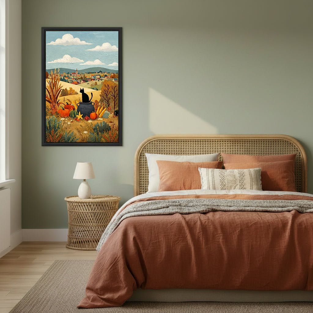 Framed black cat autumn harvest canvas wall art in a sage green bedroom