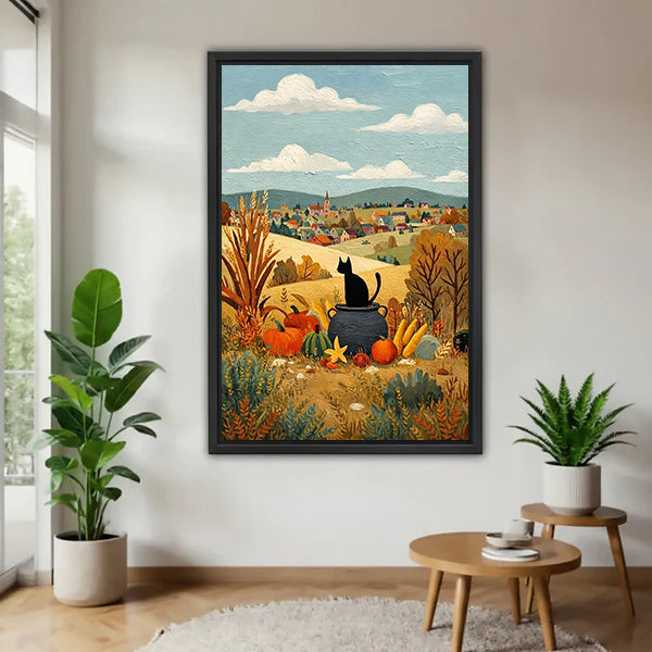 Black-framed black cat autumn harvest canvas wall art on a white wall beside plants