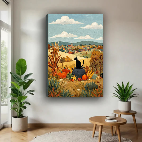 Gallery-wrap black cat autumn harvest canvas wall art in a bright plant-filled corner