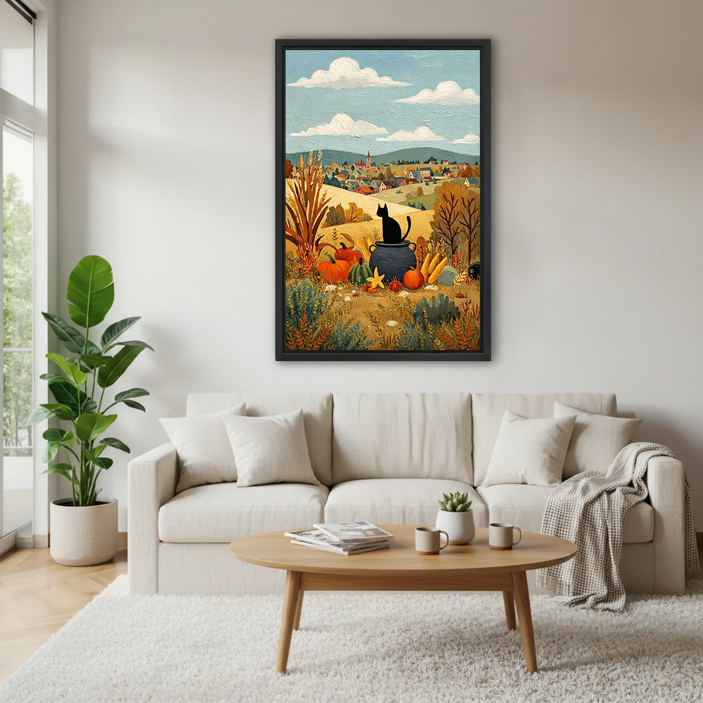 Folk art black cat autumn harvest canvas wall art above a cream living room sofa