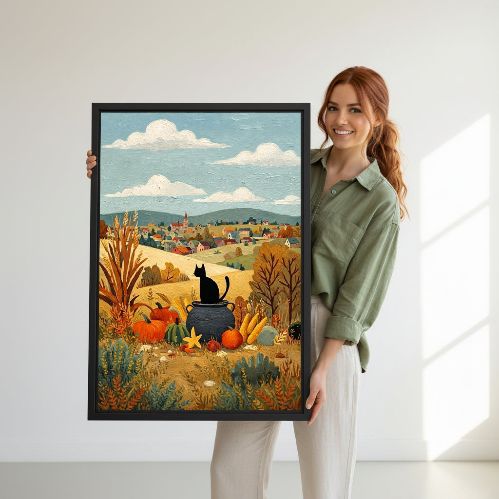 Model holding black cat autumn harvest canvas wall art for size reference