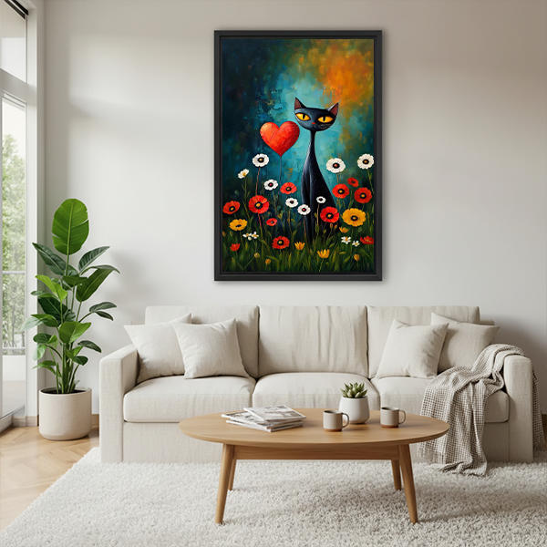 Black-framed black cat canvas wall art featuring a red heart and colorful flowers beside wooden tables and plants.