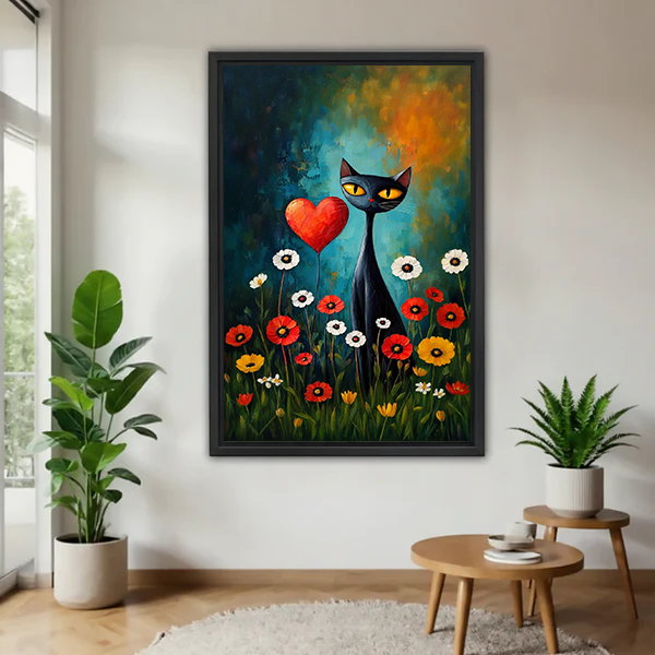 Woman holding framed whimsical black cat canvas wall art with a red heart and colorful wildflowers.