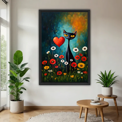Woman holding framed whimsical black cat canvas wall art with a red heart and colorful wildflowers.