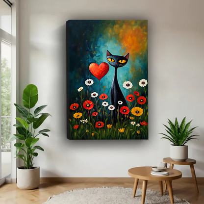 Gallery-wrap black cat canvas wall art with golden eyes, a red heart, and wildflowers displayed between houseplants.