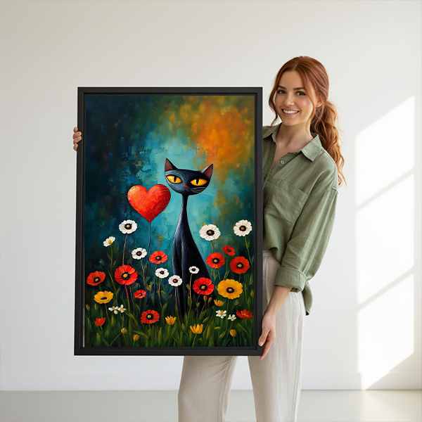 Framed whimsical black cat canvas wall art with a red heart and wildflowers above a cream sofa.