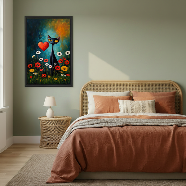 Whimsical black cat canvas wall art with flowers and a red heart in a bedroom with a rattan headboard.