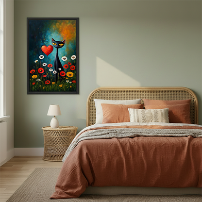 Whimsical black cat canvas wall art with flowers and a red heart in a bedroom with a rattan headboard.