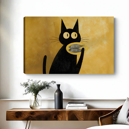 Canvas wall art of a whimsical black cat holding a fish, unframed wrap style on golden ochre background