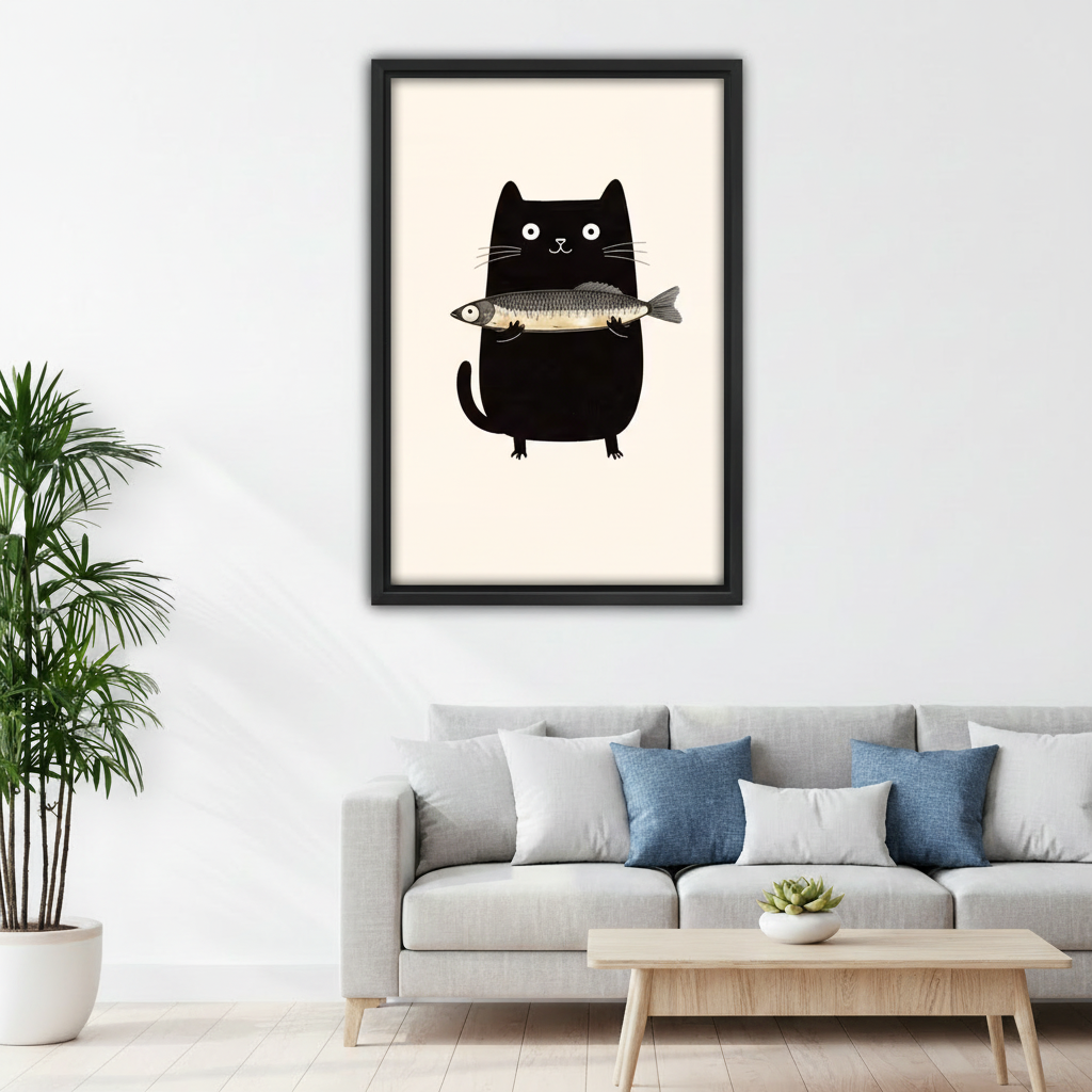 Framed minimalist cat and fish canvas art print displayed above a light grey sofa in a modern Scandinavian living room