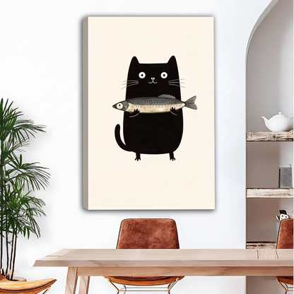 Frameless canvas wall art of a cute black cat holding a fish, minimalist illustration style, displayed above a wooden dining table