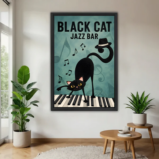 Framed black cat jazz bar piano canvas wall art above a rattan bed with terracotta bedding