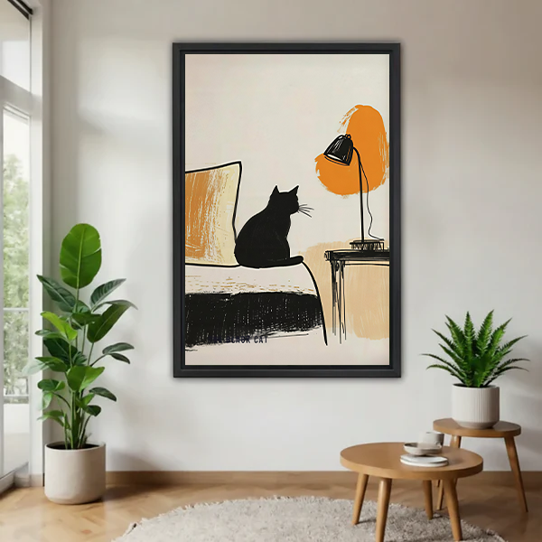 Framed minimalist black cat and lamp canvas wall art beside a rattan bed with terracotta bedding.