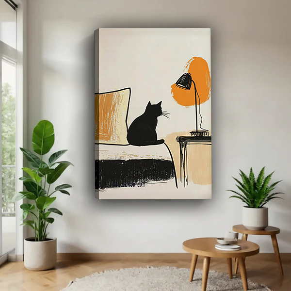 Minimalist black cat and lamp canvas wall art without an outer frame, displayed between leafy houseplants.