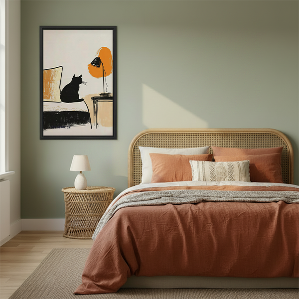 Minimalist black cat and lamp canvas wall art in a black frame above a cream living room sofa.