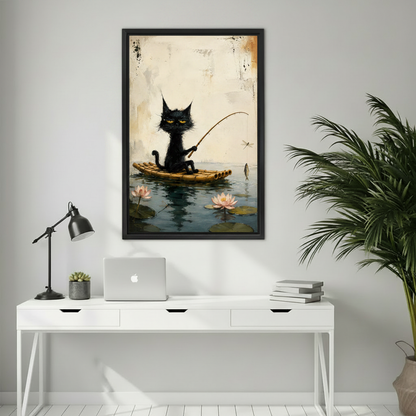 Whimsical black cat fishing folk art canvas print in black frame above beige armchair in cozy living room