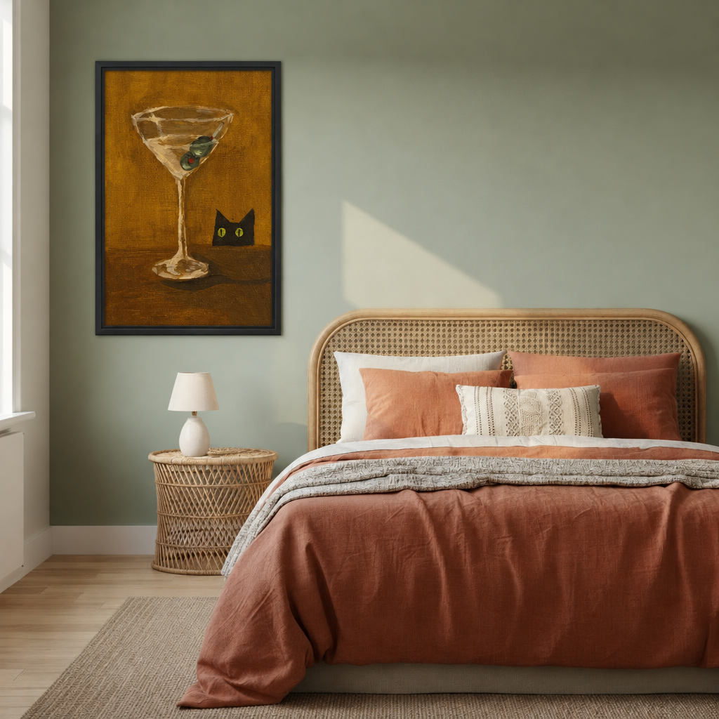 Framed black cat and martini canvas beside a rattan bed.