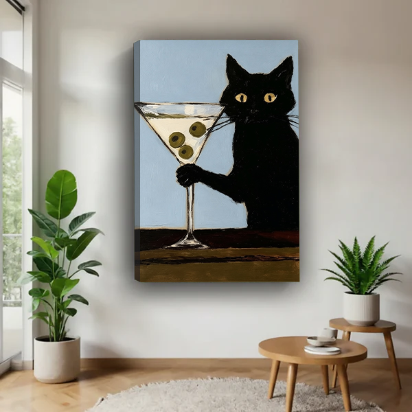 Black cat martini retro pop gallery wrap canvas wall art displayed in bright modern living room interior