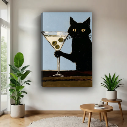 Black cat martini retro pop gallery wrap canvas wall art displayed in bright modern living room interior