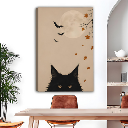 Framed black cat moon canvas wall art hangs beside a wooden bunk bed in a bright bedroom.