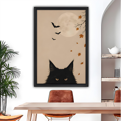 Gallery-wrap black cat moon canvas wall art with bats and falling leaves hangs above a dining table.