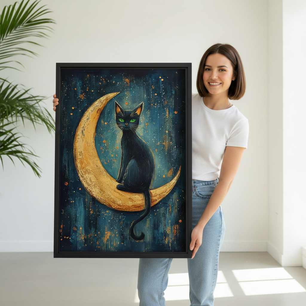Smiling woman holding large framed black cat moon wall art, mystical green-eyed cat on golden crescent moon canvas
