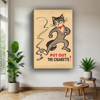 Framed black cat no smoking canvas wall art with English text beside a rattan bed and rust-colored bedding.
