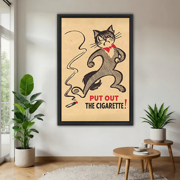 Retro black cat no smoking canvas wall art with English lettering in a black frame above a cream sofa.