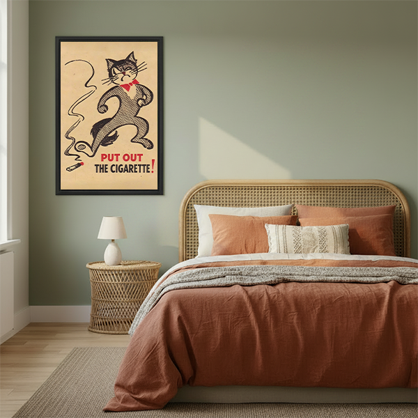 Gallery-wrap black cat no smoking canvas wall art with English lettering displayed between plants above wooden nesting tables.