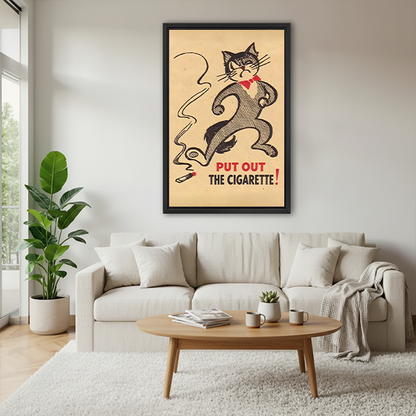 Woman holding framed black cat no smoking canvas wall art reading “PUT OUT THE CIGARETTE!” on a golden background.